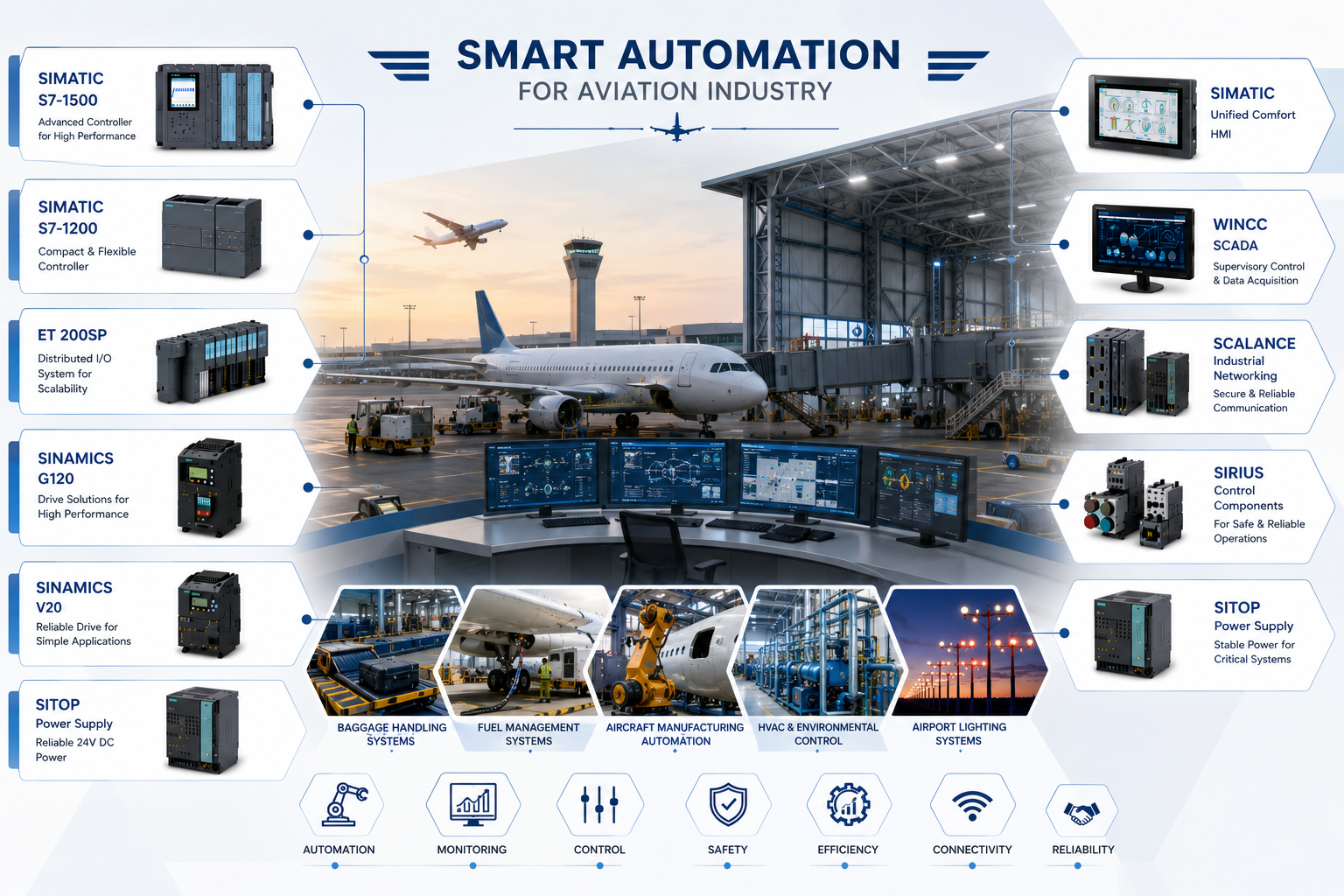 Aviation industry automation products including Siemens PLC VFD HMI and SCADA