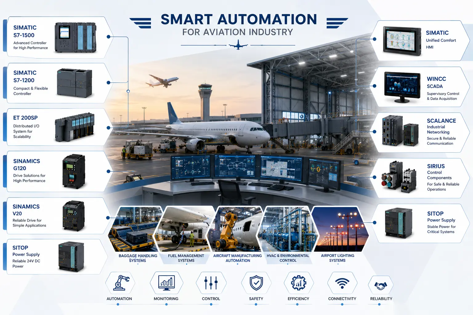 Aviation industry automation products including Siemens PLC VFD HMI and SCADA