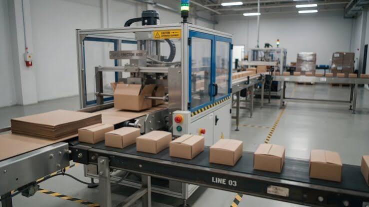 Automated beverage packaging conveyor process in a factory